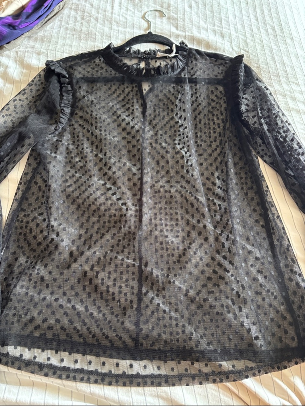 BCBGeneration Black Sheer Polka Dot Mesh Ruffle Neck Top Size [L]